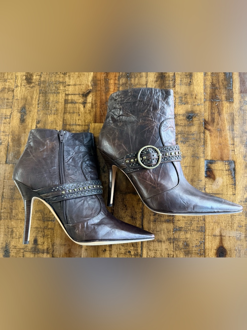 Joey‑O Brown Leather Stiletto Ankle Booties • 10M • Pointed Toe • Studded Buckle
